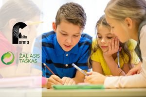 group of students talking and writing at school