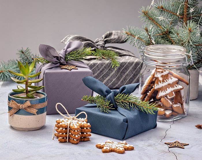 Eco Friendly Christmas concept with Cloth wrapped Gifts