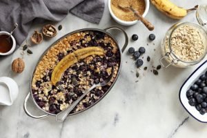 Super seedy vegan baked oatmeal with blueberries